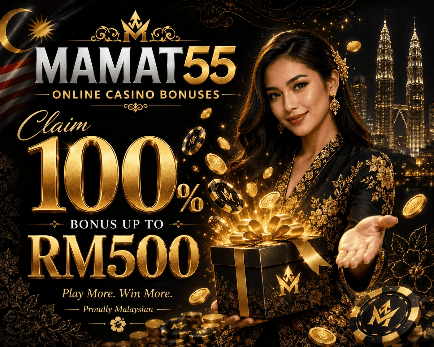 mamat55 - bonus rewards and welcome offers mamat55 bonus scene with gift boxes, coins, and promotional offer visuals